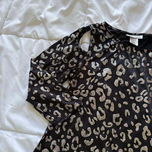 Vintage 90s Black Gold Leopard Blouse 3/4 Sleeve Womens Size Medium Flowy Long - Picture 2 of 7